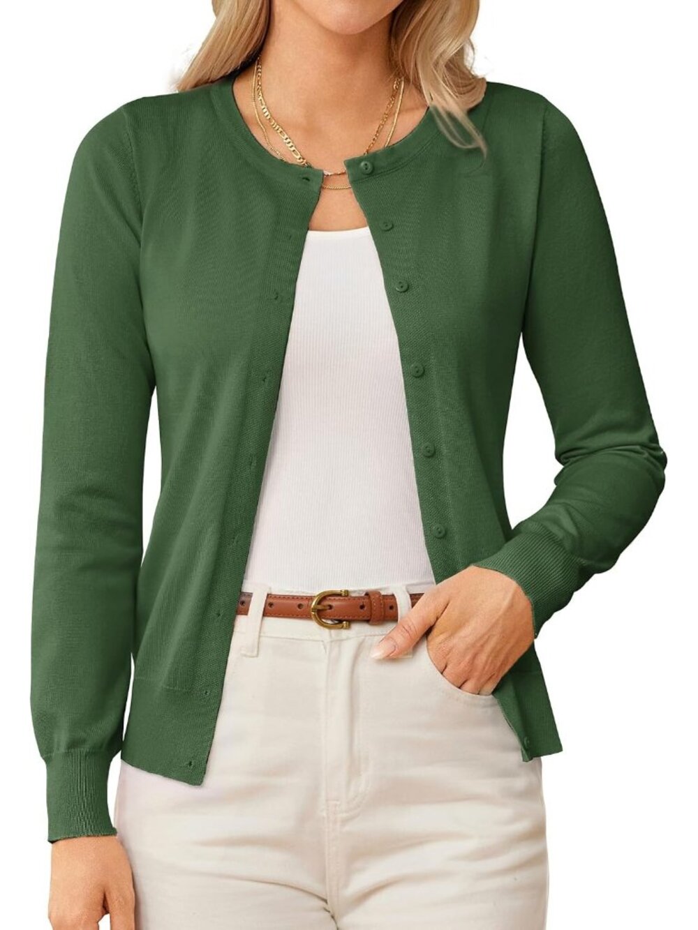 🆕Women's Olive Green Lightweight Knit Cardigan Sweater Crew Neck Button Front